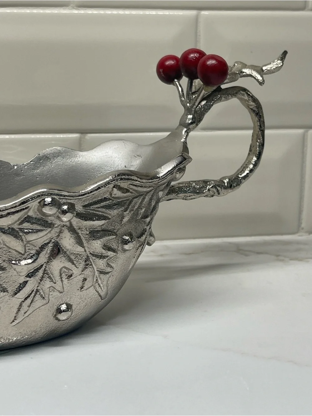 Gravy Boat -VTG- Silver - Metal - Holly Berry Christmas, Textured, 10Heavy Solid